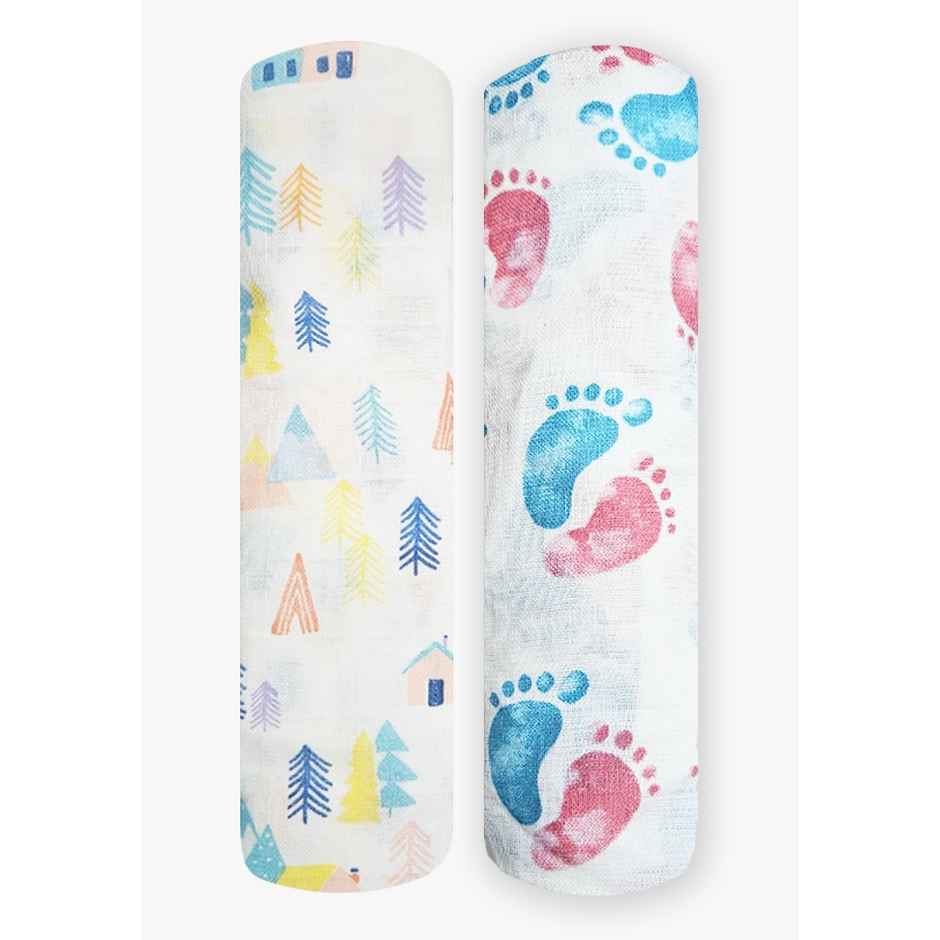 Polka Tots Printed Swaddles | Pack of 2, Trees + Feet, White