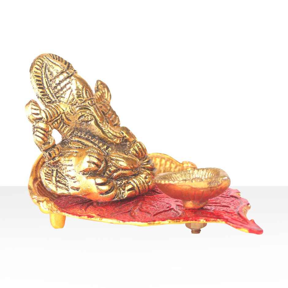 Diya Ganesh With Meenakari on Peepal Leaf | Gold | Metal | Diya-Pooja | Devnidhi