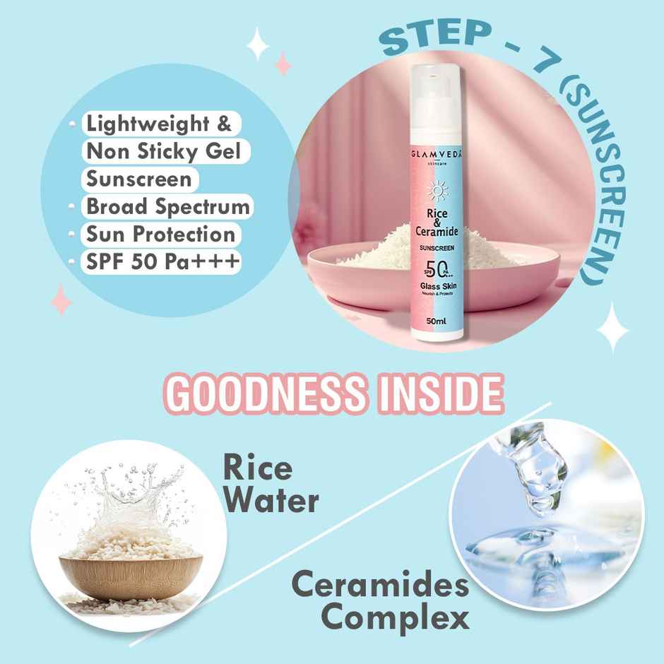Glamveda Korean Glass Skin Rice and Ceramide 7 Step Weekly Skincare Routine For Women with Gift Box