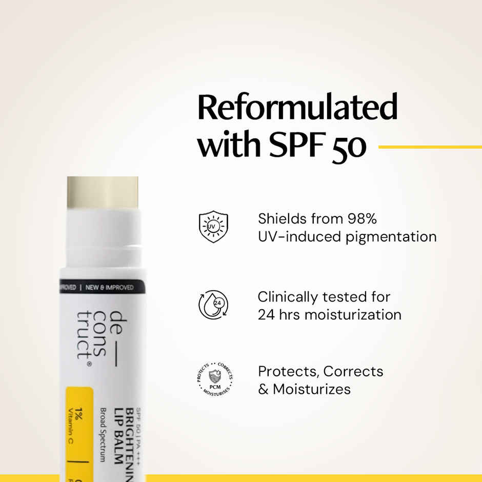 Deconstruct Brightening Lip Balm Spf 50 | Vitamin C & Resorcinol | Moisturizes & Brightens (4g) & Deconstruct Gel Sunscreen Spf 55+ Pa+++ | In Vivo Tested | Matte, Lightweight & Airy, Non-Greasy (50g) & Deconstruct Oil-Free Moisturizer | Lightweight, Non-Sticky, Non-Comedogenic | For Oily Skin (50g) & Deconstruct 10% Vitamin C Serum For Oily Skin | Clinically Tested | 30 Ml (30ml) Combo