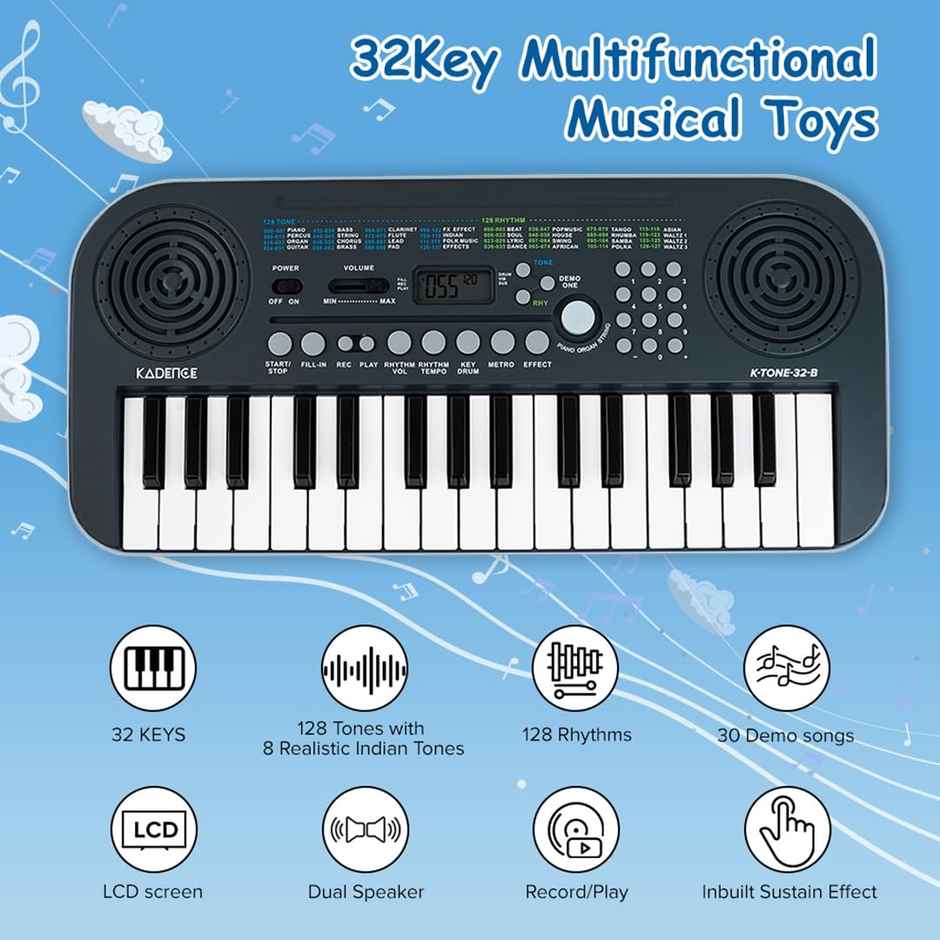 Kadence K-Tone Blue Kids Keyboard | 32 Mini Keys, 128 Tones, Rhythms & Adapter