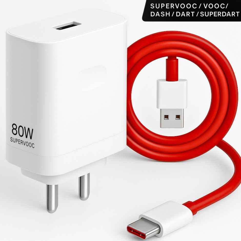 Roarx 80W Supervooc/VOOC/WARP/DASH Fast Charging Adapter with Cable for OnePlus - White & Red