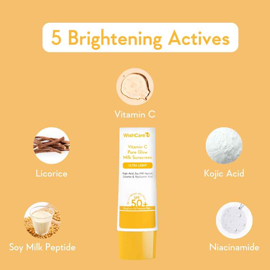 WishCare VitaminC Pure Glow Milk Sunscreen SPF 50 PA++++ In-Vivo Tested|Lightweight & No White Cast