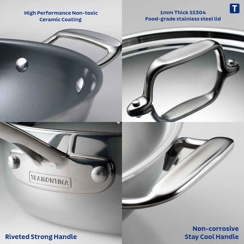 Tramontina Fusao Triply Ceramic Kadai | 26 cm | Stainless Steel Lid | Induction Compatible
