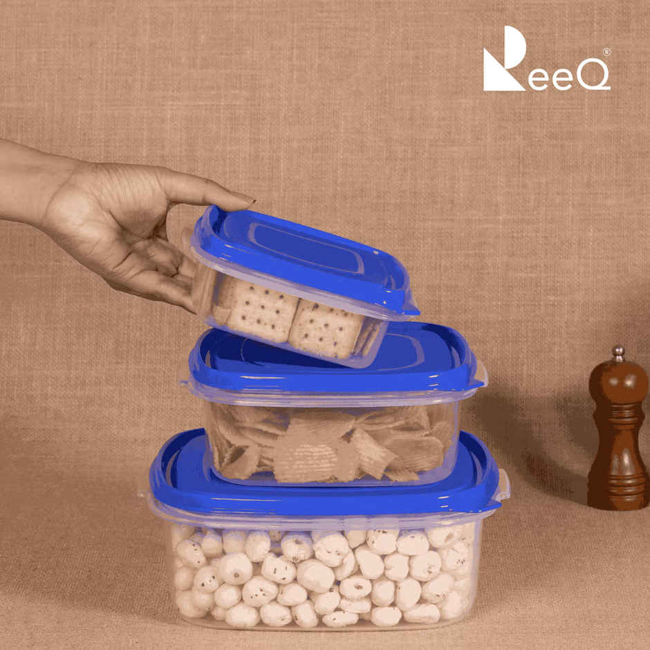 ReeQ Airtight Storage Container Set | Blue Lid - 2.4 L, 1.6 L & 800 ml