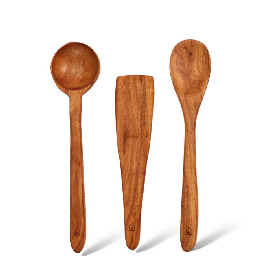 Vesta Homes Set Of 3 Neem Wood Spoon, Compact Flip, Spatula/Ladle|No Polish| Non-Stick|Hand Carved