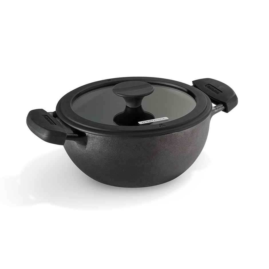 Tramontina Titanex Cast Iron Deep Kadai | 26 cm | 4.6 L | Glass Lid | Induction Compatible