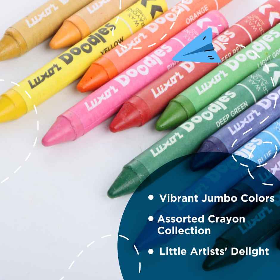 Luxor Doodles Jumbo Wax Crayons| 12 Assorted Shades| 1 Free Gold Crayon | Best For Young Artists
