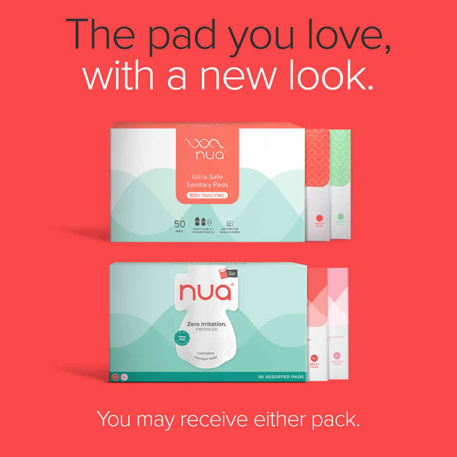 Nua Complete Comfort Pads with Disposal Cover for Heavy Flow & Medium Flow | 25XL+, 25XL | Assorted pack | 50 pcs