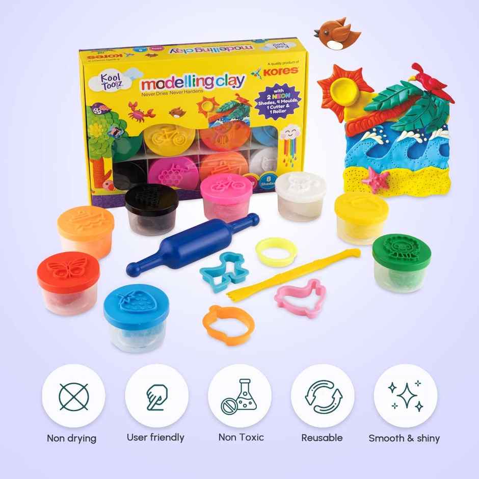 Kores Modelling Clay | 8 Shades | 4 Moulds | 1 Roller | 1 Cutter | Creative Fun
