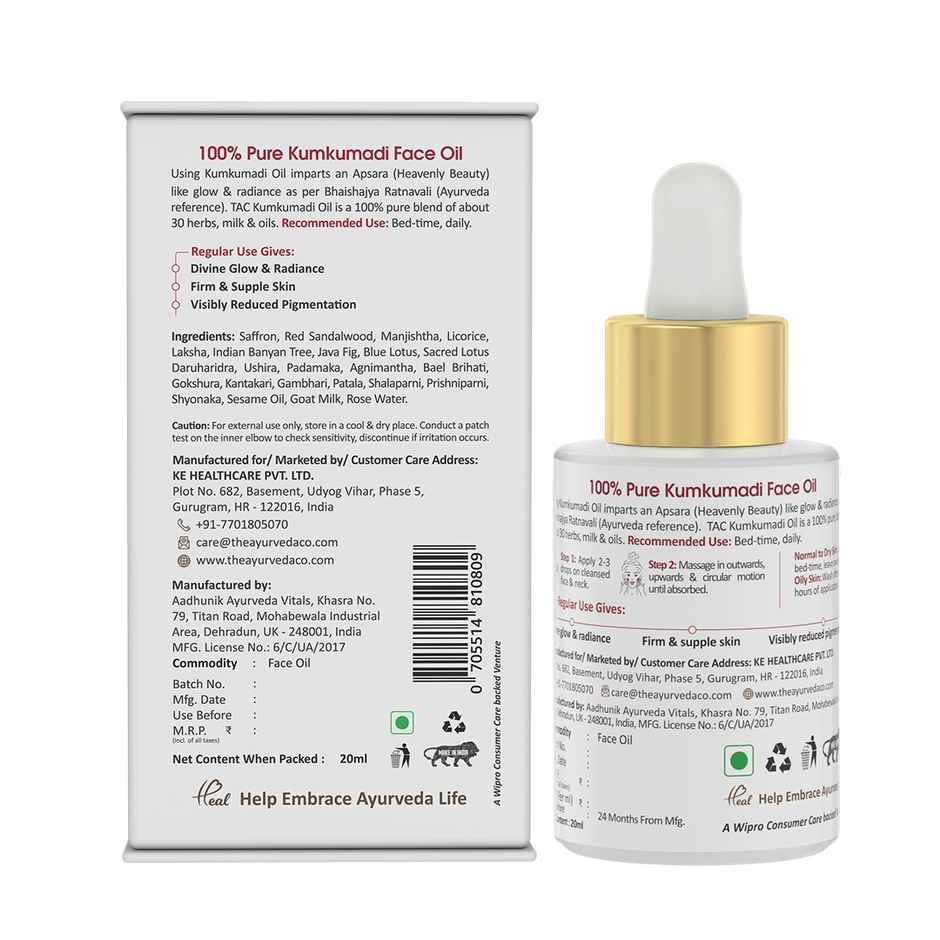 TAC 100% Pure Kumkumadi Gold Glow Face Oil Brightens, Reduces Pigmentation & Wrinkles