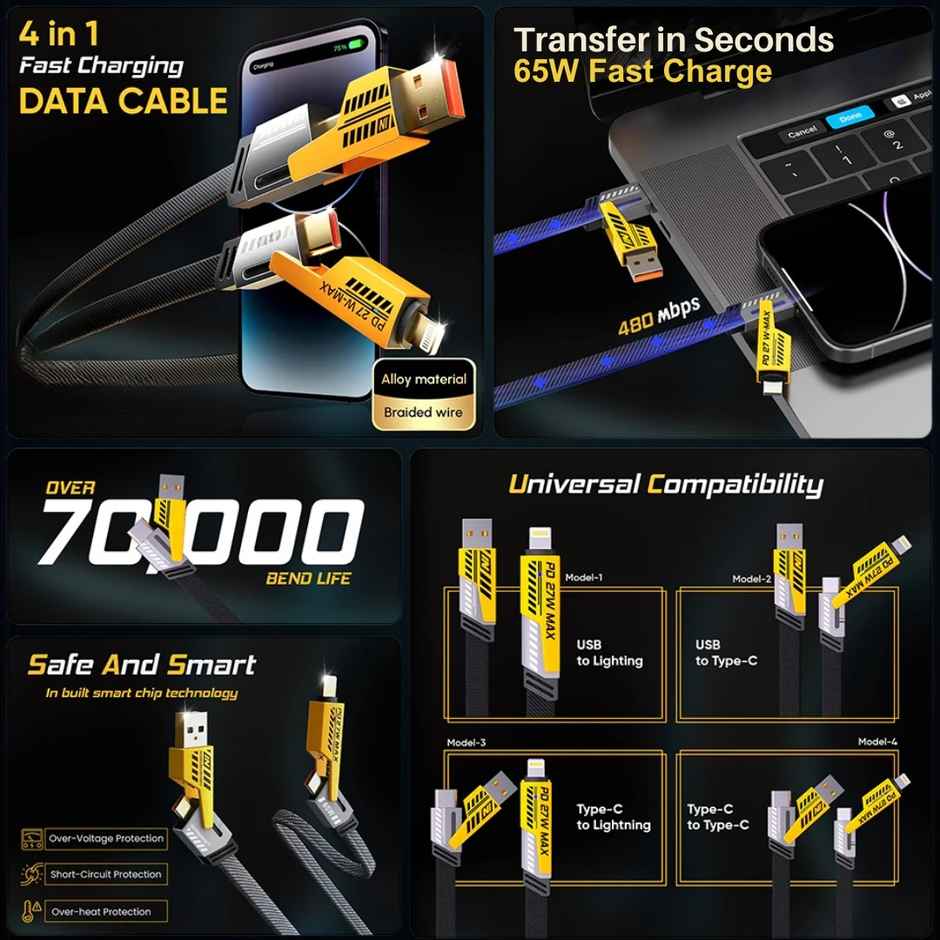 Roarx USB Type C Cable 13 A 1 m Braided 4 in 1 65W Fast Charging Cable Compatible for- & Android with MFI Certified (1 Meter)(Compatible with Apple & Android phones, Type C to C , Usb to Lightning, C to Lightning data cable) - Black & Yellow