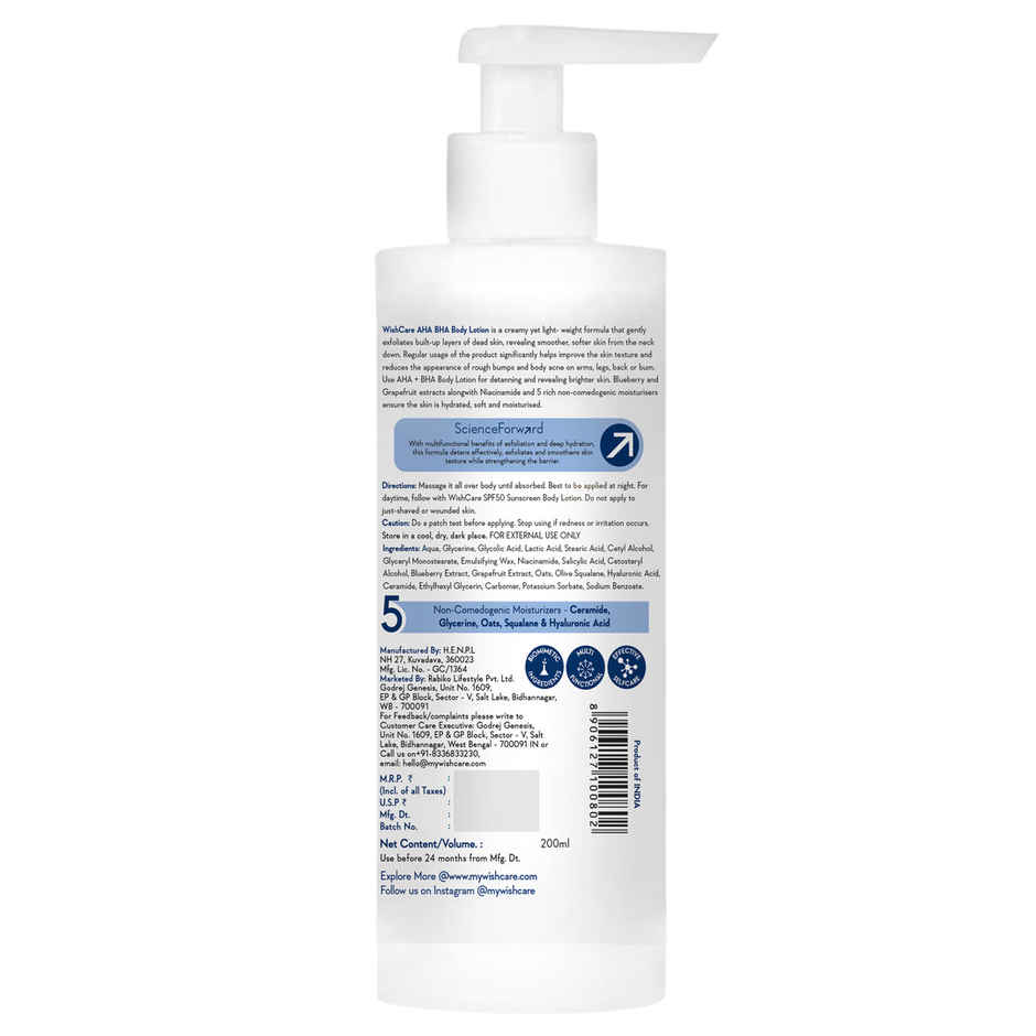 WishCare 10% AHA + 1% BHA Body Lotion | Smooths Rough & Bumpy Skin | With Grapefruit & Blueberry