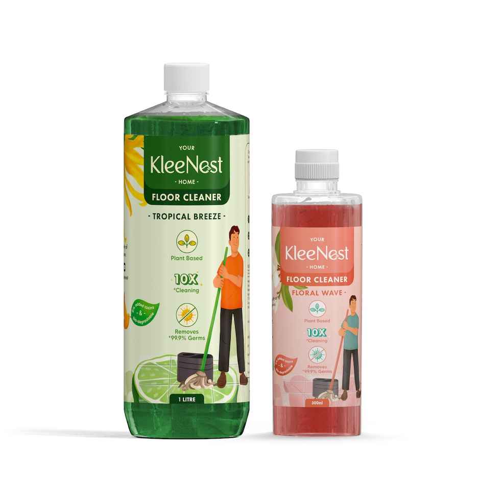 Kleenest Dishwashing Liquid Plant Based, Soft On Hands Refill Pouc (2l) & Kleenest Natural Floor Cleaner Tropical Breeze, Plant Based Kids & Pet Friendly (1.5l) Combo