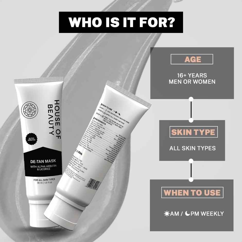 House Of Beauty De-Tan Mask For Tanning, Uneven Skin & Brown Spot Reduction W/T Arbutin