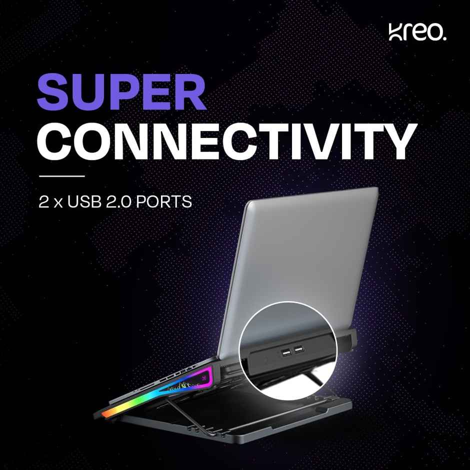 Kreo Tundra 5 Fans Rgb Laptop Cooling Pad With Dual Usb Port,5 Adjustable Height Angles Lcd Display