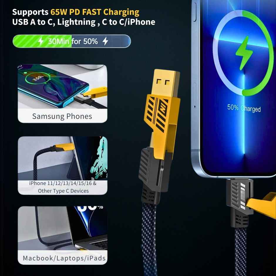 Roarx USB Type C Cable 13 A 1 m Braided 4 in 1 65W Fast Charging Cable Compatible for- & Android with MFI Certified (1 Meter)(Compatible with Apple & Android phones, Type C to C , Usb to Lightning, C to Lightning data cable) - Black & Yellow