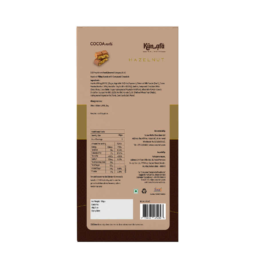 Cocoa Melts Dubai Hazelnut Kunafa Chocolate Bar