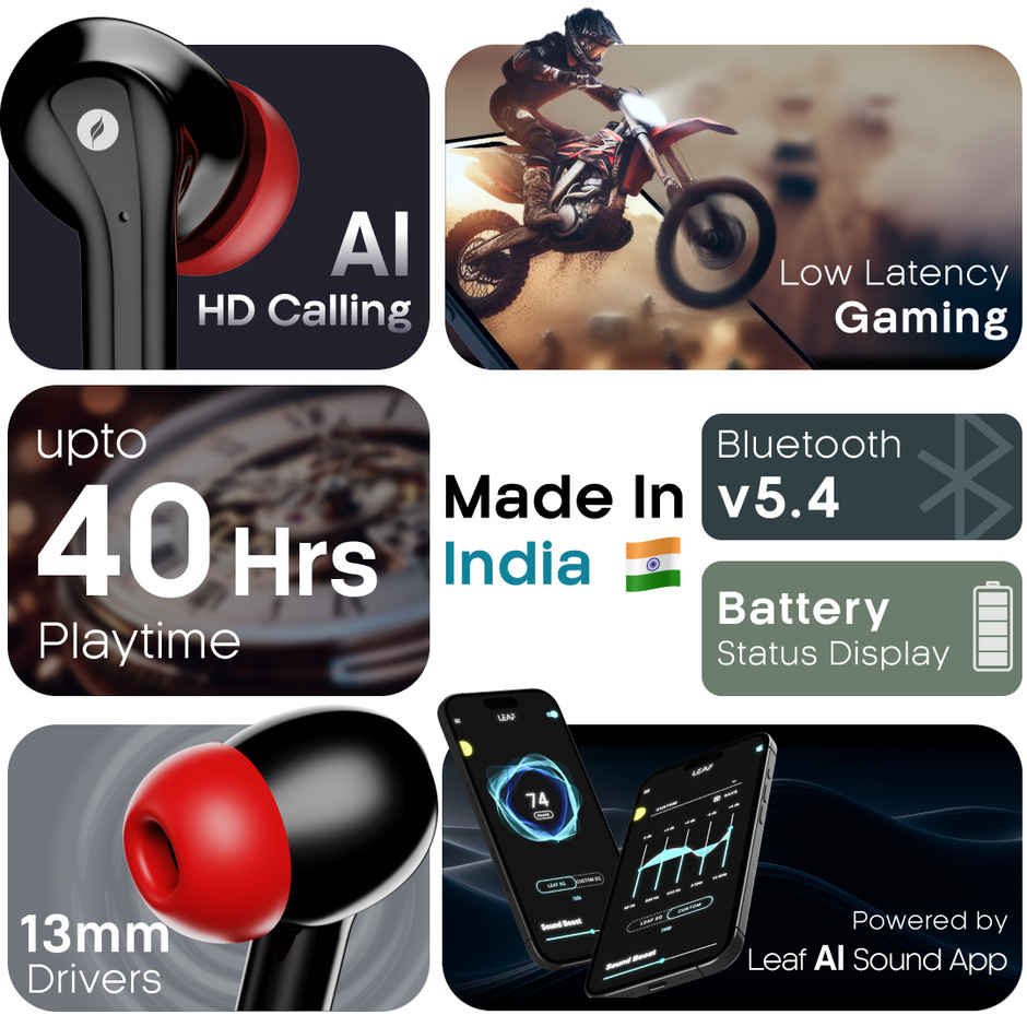 Leaf Buds X214 True Wireless Earbuds AI Sound App | 40H Playtime | 2 Modes | Blood Black