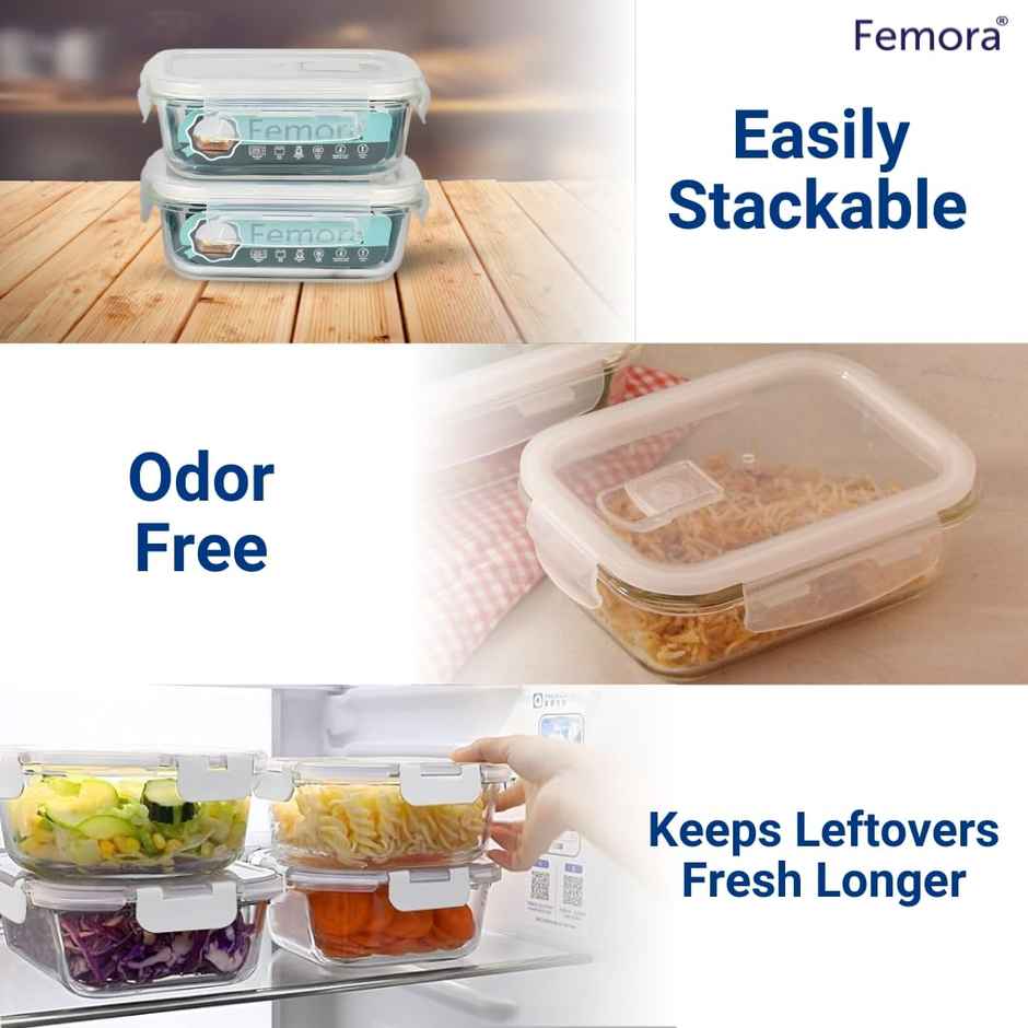 Femora Borosilicate Rectangularglass Food Storage Container With Air Vent Lid- 620Ml - Blue