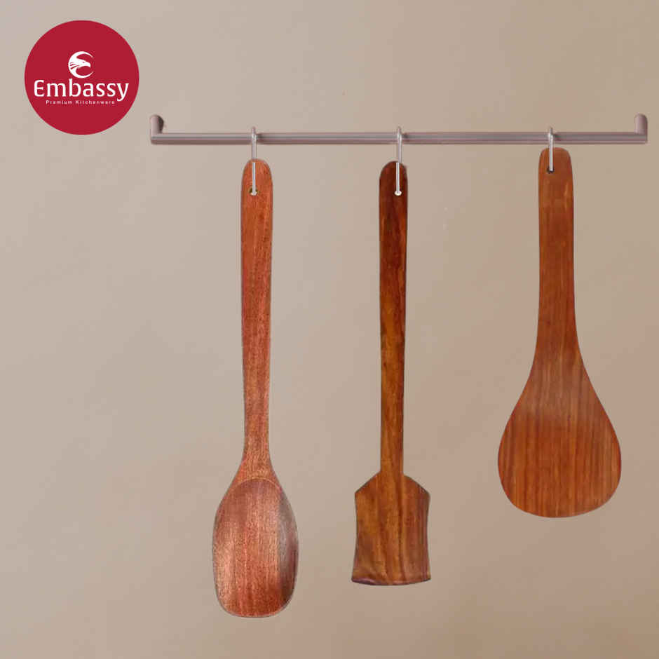 Embassy Wooden Spoon Set (Spatula, Rice, Long Serving Spoon) - For Dosa, Serving Rice, Dal, Gravy