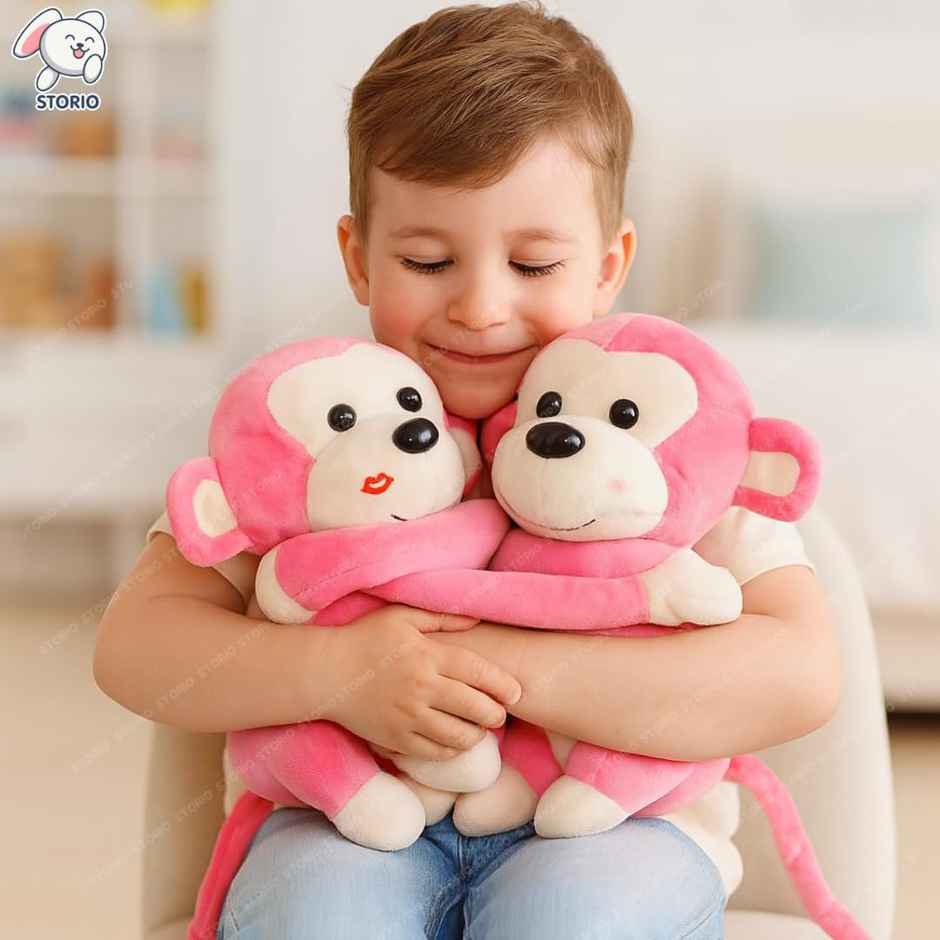 Storio Monkey's Cuddly Couple Plush Soft toy Kids Birthday Gift | Pink - 25 cm