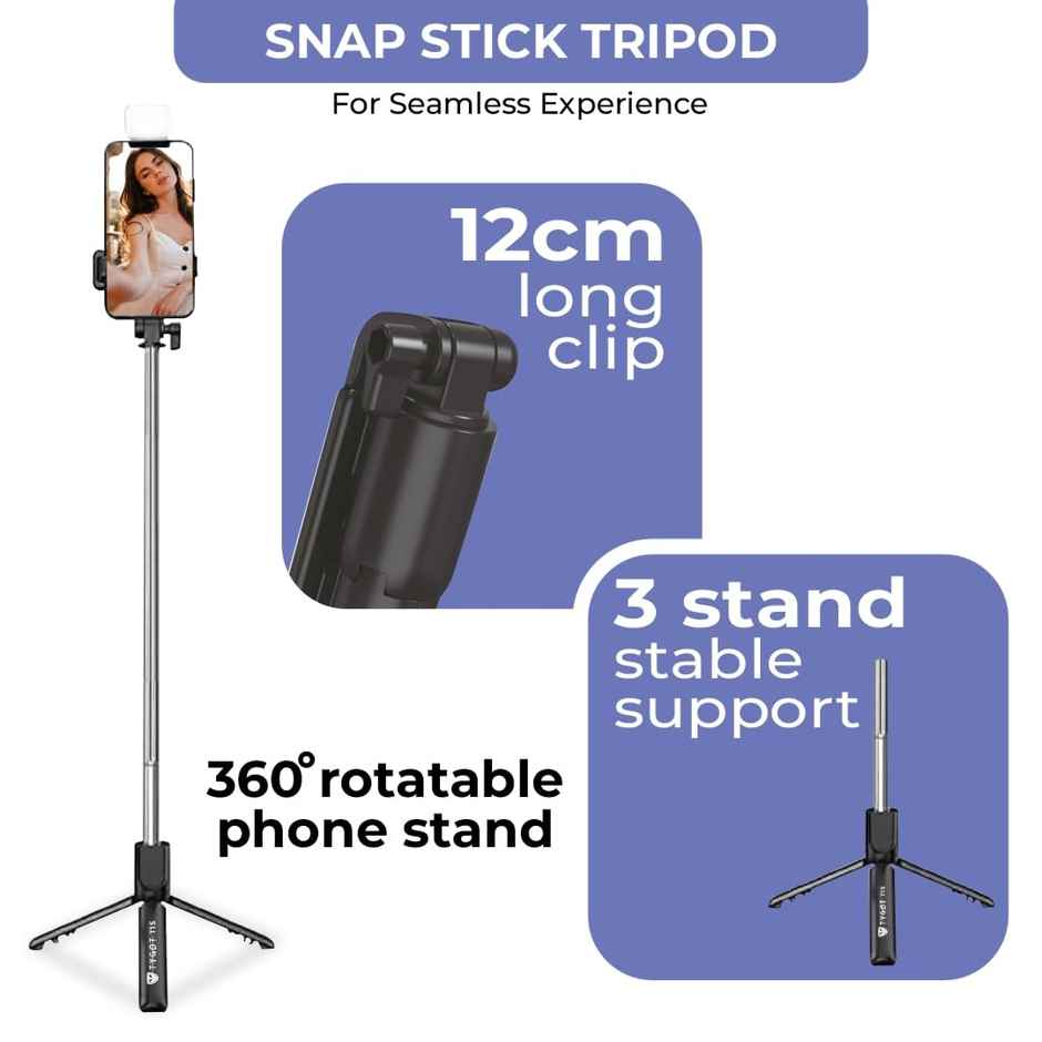 Tygot T1S Snapstick Tripod Stand,3 in 1 Multifunctional Design, Rechargable LED Light with Two Brighness Levels for Make up, Selfie, Vlogging & Photo Shoot, Selfie Stick with Bluetooth Remote
