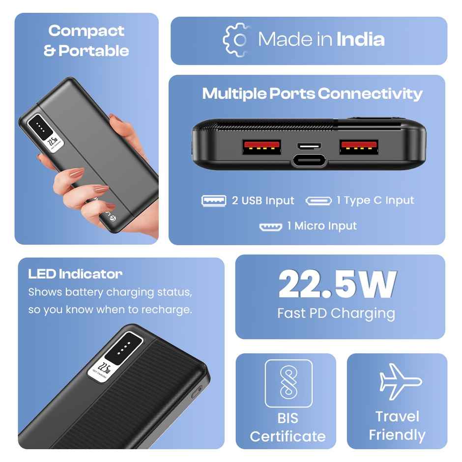Lapcare Blaze 10000Mah Wired Power Bank | Dual USB Port + PD 22.5W Fast Charging USB Type-C Input | Led Indicator | Light Weight | Compact & Slim Design | Made in India - Black