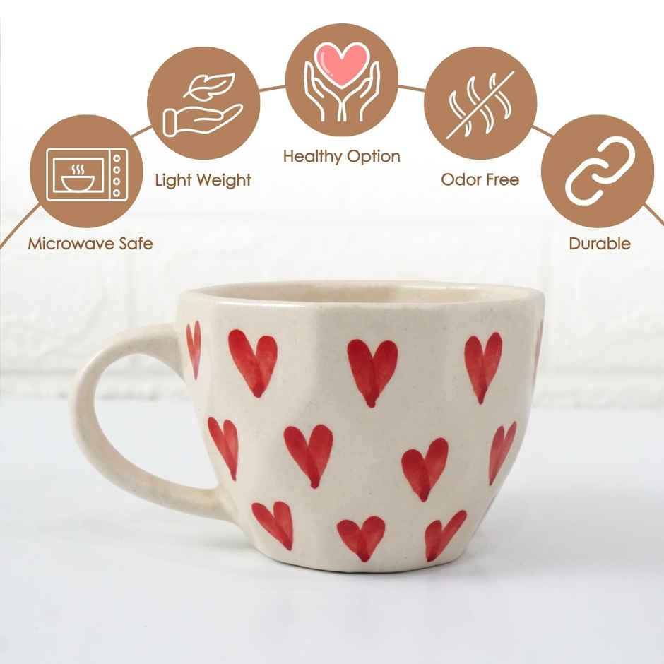 Femora Handcrafted Red Love Hearts Ceramic Cup - 250 ml