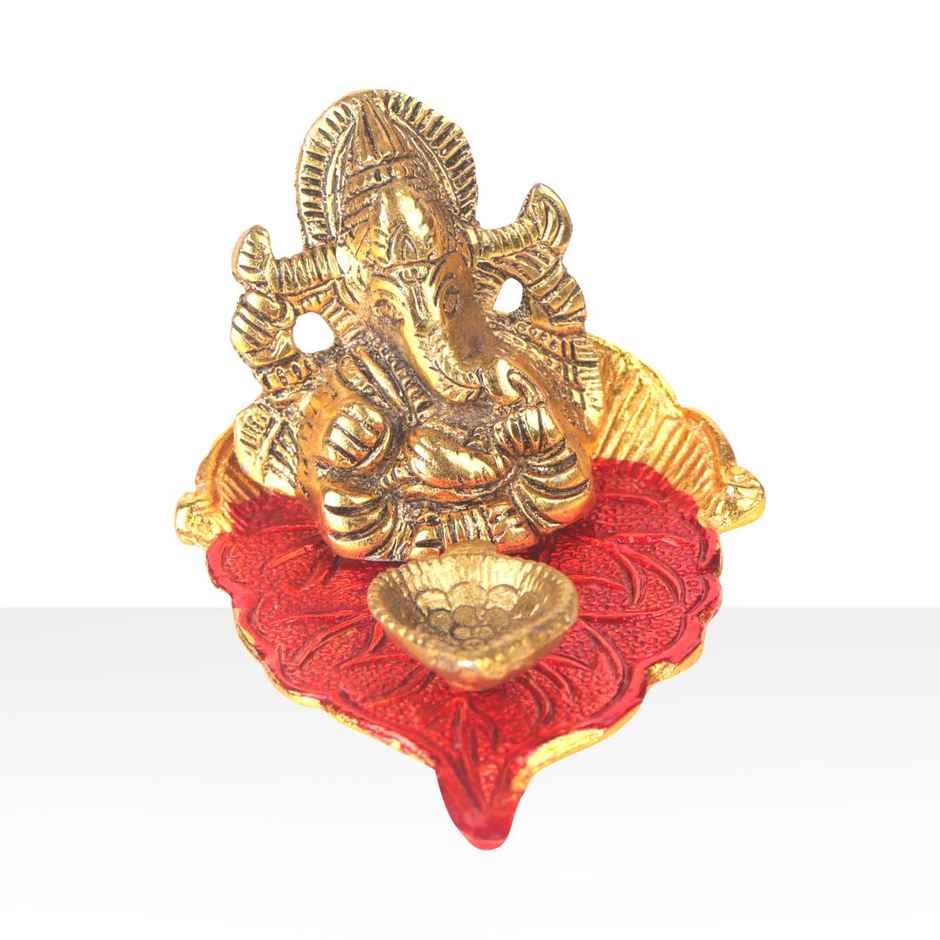 Diya Ganesh With Meenakari on Peepal Leaf | Gold | Metal | Diya-Pooja | Devnidhi