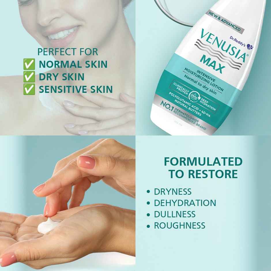 Venusia Max Intensive Moisturizing Lotion with 4D Hyaluronic+Polyglutamic Acid | Normal to Dry Skin