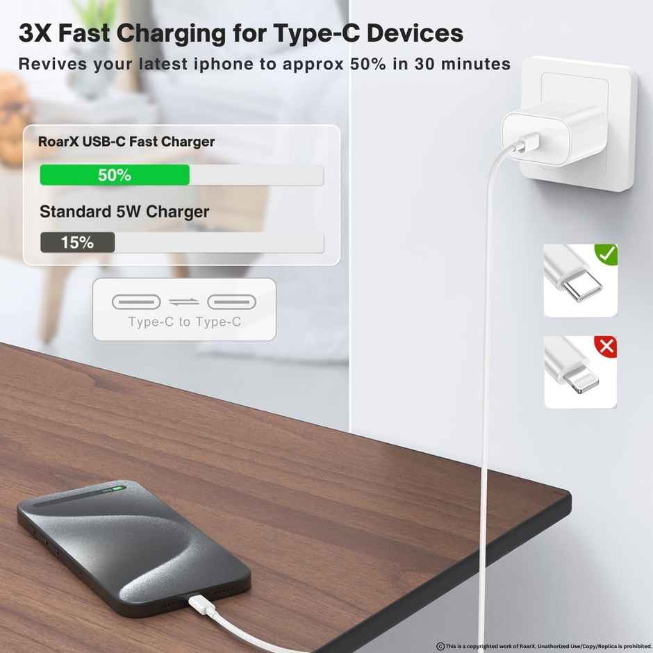 Roarx 20W Fast Charger with Type C to C Braided Cable for iPhone 15, iPhone 16 & Type C Phones