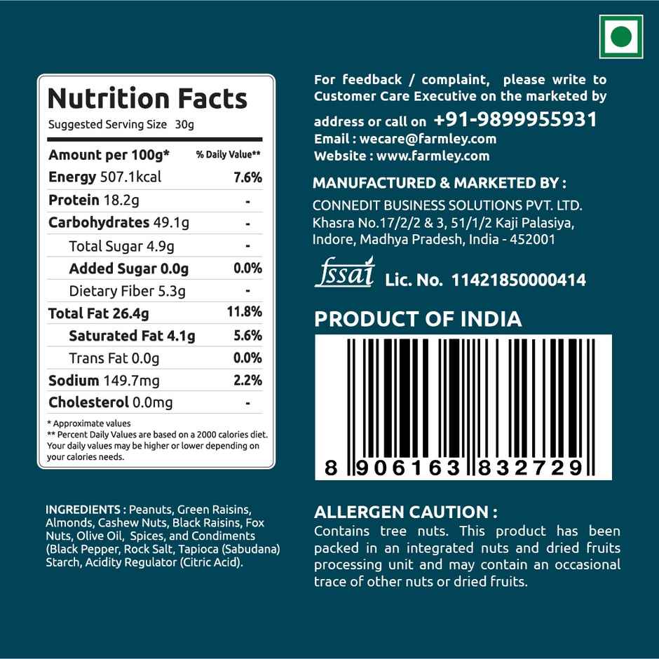Farmley Satva Mix Dry Fruit Snack | Peanuts | Green Raisins | Almonds | Cashews | Makhana & More