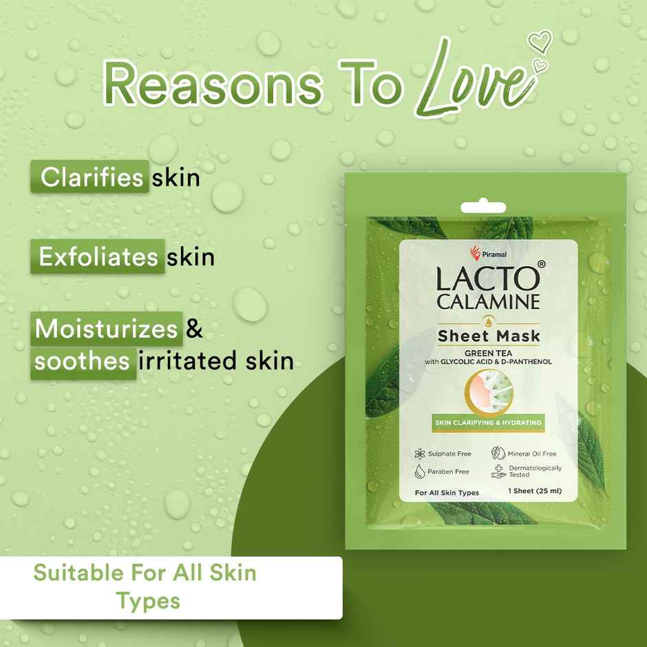 Lacto Calamine Green Tea Face Sheet Mask for Hydration, Calm & Clear Skin that Soothes Acne