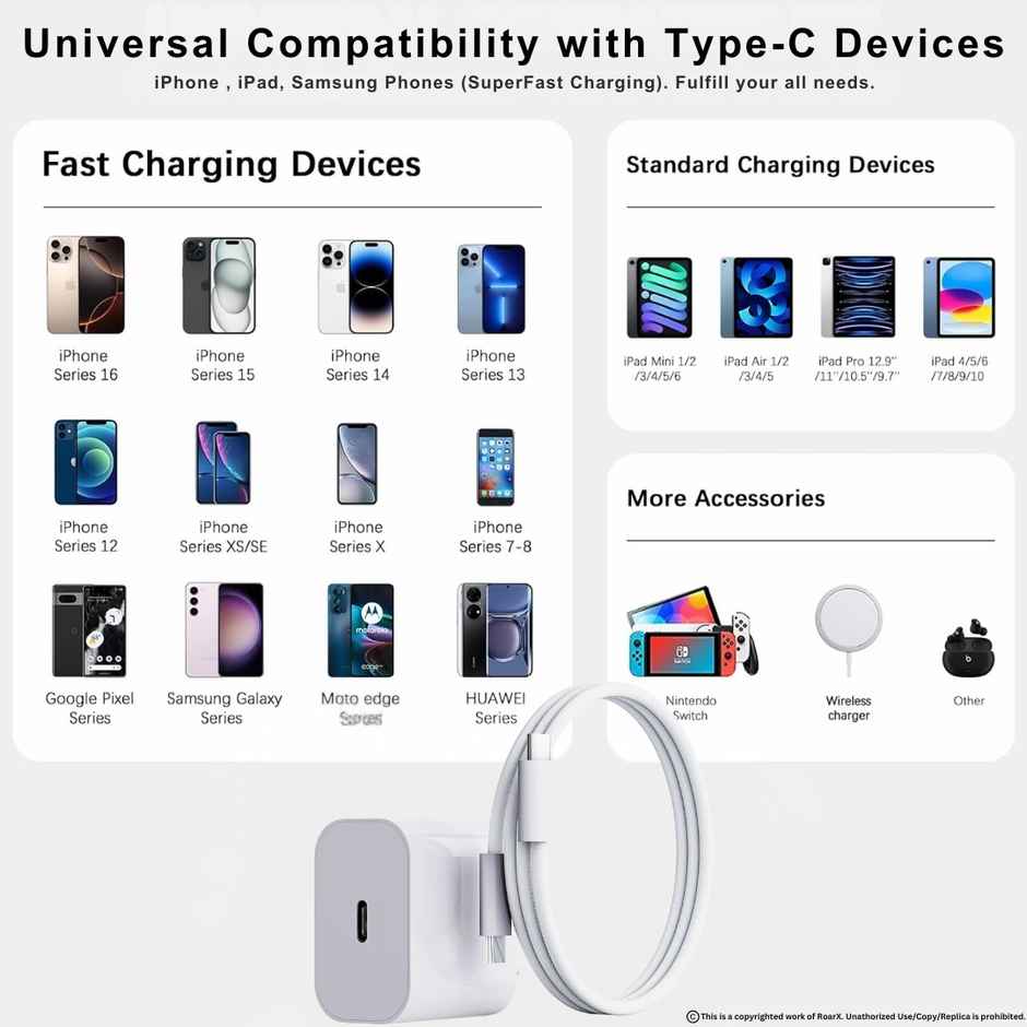 Roarx 20W Fast Charger with Type C to C Braided Cable for iPhone 15, iPhone 16 & Type C Phones