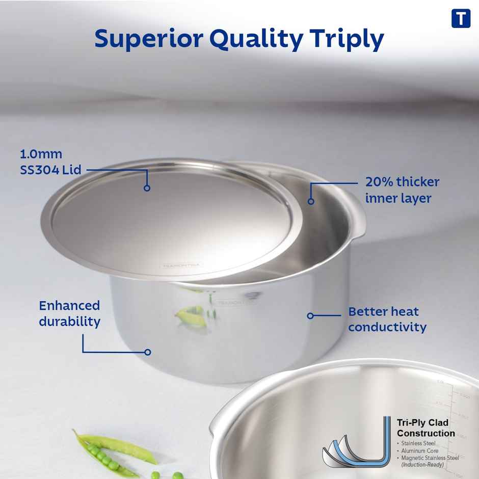 Tramontina Aeion Triply 28cm/8.7L Tope with SS 304 Lid | Healthy, Non Toxic | Extended Grip | Bhagona | Tapeli | Patila | for Boiling Milk/Water | NSF Certified | 10 Year Warranty