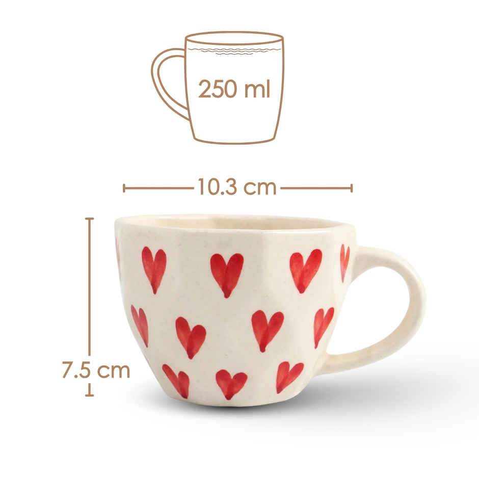 Femora Handcrafted Red Love Hearts Ceramic Cup - 250 ml