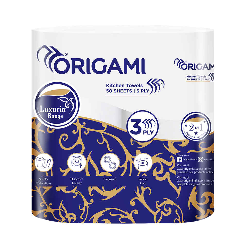 Origami Luxuria 3Ply Kitchen Tissue Roll Super Absorbent & Tough | Pack of 2, 50 Pulls Per Roll