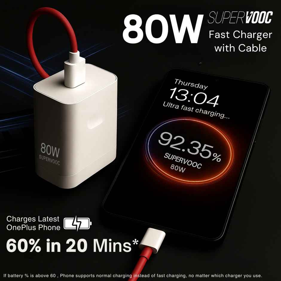 Roarx 80W Supervooc/VOOC/WARP/DASH Fast Charging Adapter with Cable for OnePlus - White & Red