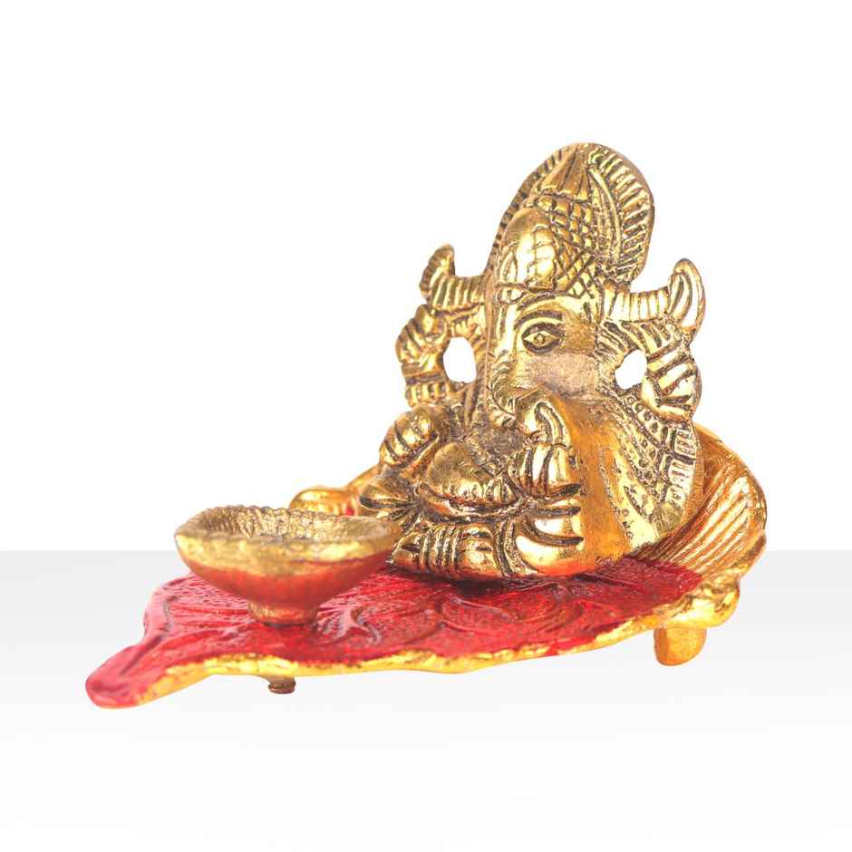 Diya Ganesh With Meenakari on Peepal Leaf | Gold | Metal | Diya-Pooja | Devnidhi