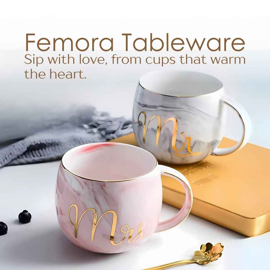 Femora Mr Mrs Ceramic Coffee Mug Set | Grey & Pink - 300 ml