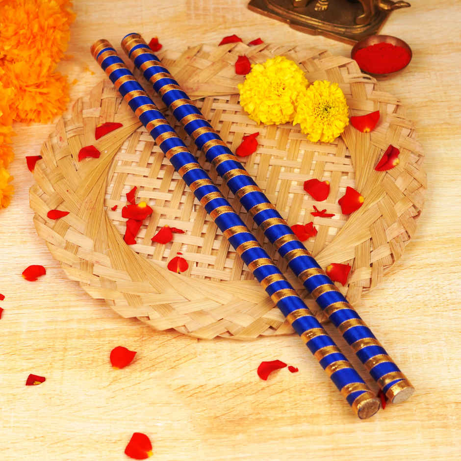 Decorated Tiranga Wooden Dandiya Sticks | Royal Blue & Gold | ServDharm