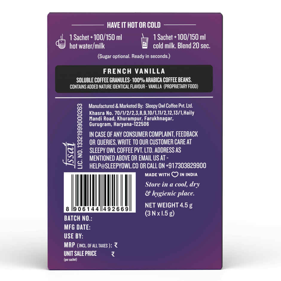 Sleepy Owl French Vanilla 100% Arabica Instant Coffee Sachets