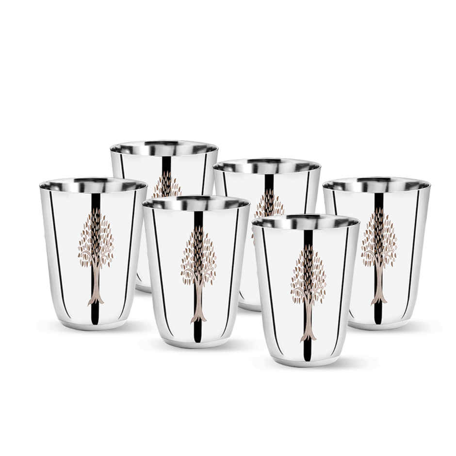 Embassy Premium Oaktree Glasses For Water / Juice, 330 ml, Pack Of 6, Stainless Steel