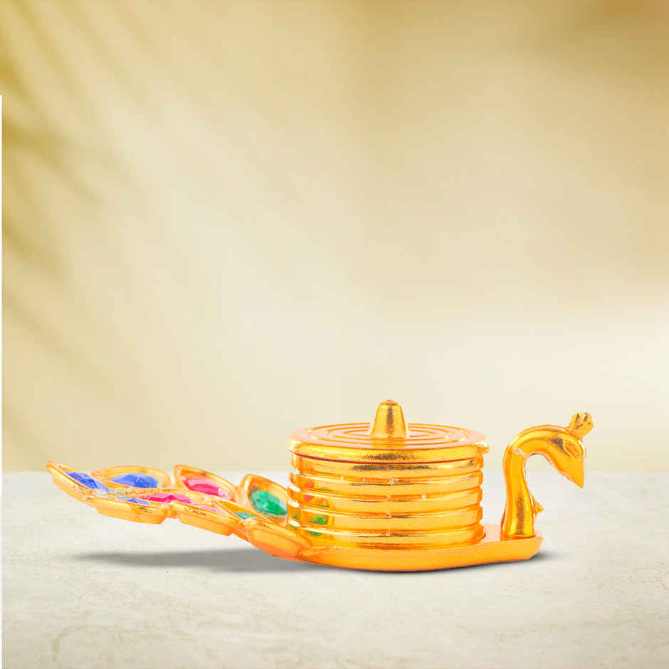 Devnidhii Kumkum/ Sindoor Box Peacock with Stone Dibbi in Gold Polish