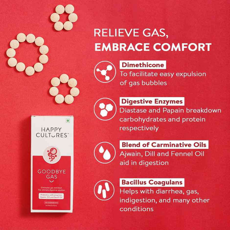 Happy Cultures Goodbye Gas | Digestive Enzymes Probiotics |30pcs