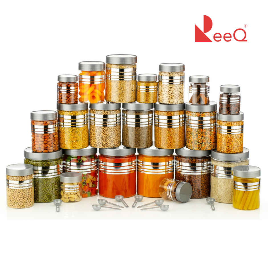 ReeQ Kitchen Storage Jar Set Transparent Plastic Containers with Silver Lids and Spoons