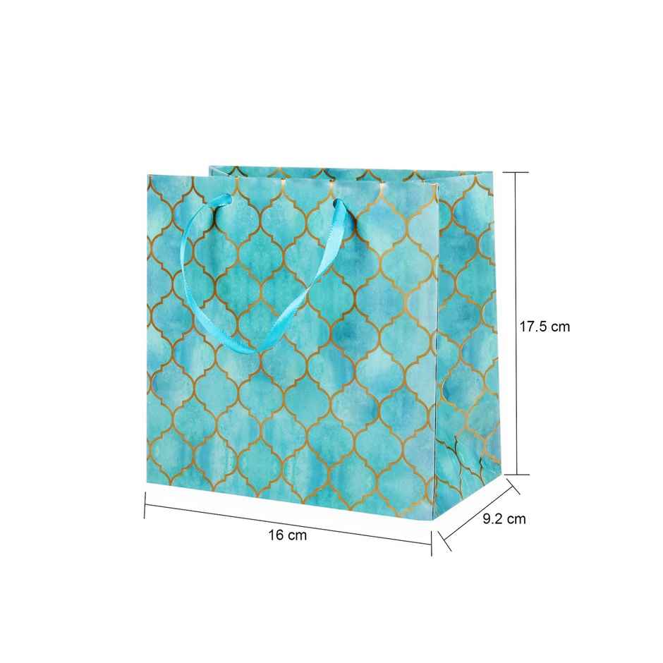 Itsy Bitsy Gift Bags Moroccan Trellis Aqua Shimmer L16 x W17.5 x D9.2cm Gol
