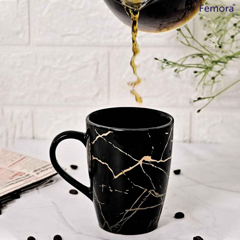Femora Gift Set Liquid Gold Marble Coffee Mug Cup 1 Pc Black Desh Ki Mitti
