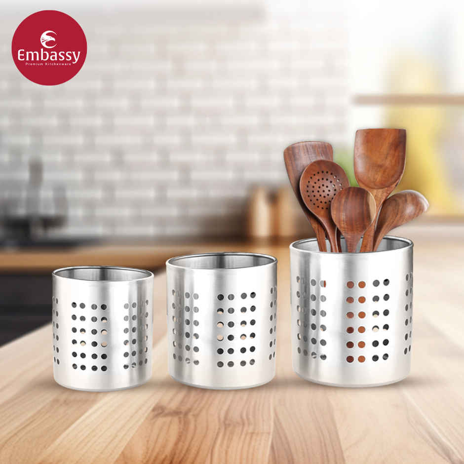 Embassy Premium Cutlery Stand / Stationary Holder, 3-Pcs (8,9,10 Cms) Matte Finish, Stainless Steel